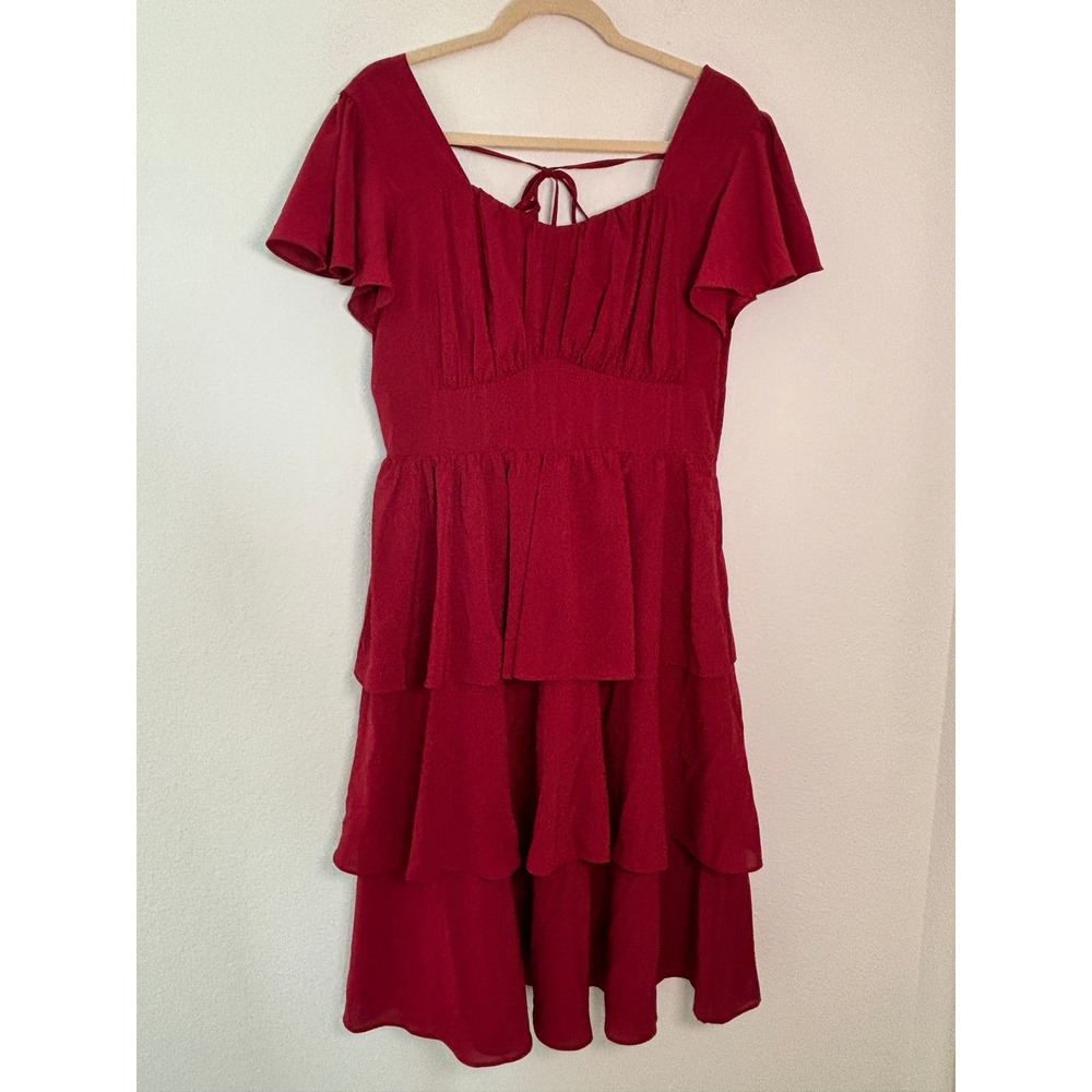 Belle Poque Wine Red Tiered Ruffle Mini Dress Flutter Sleeve Smocked Back Large